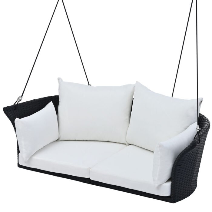 GO 2 Person Hanging Rattan Woven Swing Chair With Ropes, Black - Image 5