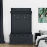 Hall tree with storage desk with drawers and 5 hooks, dark blue