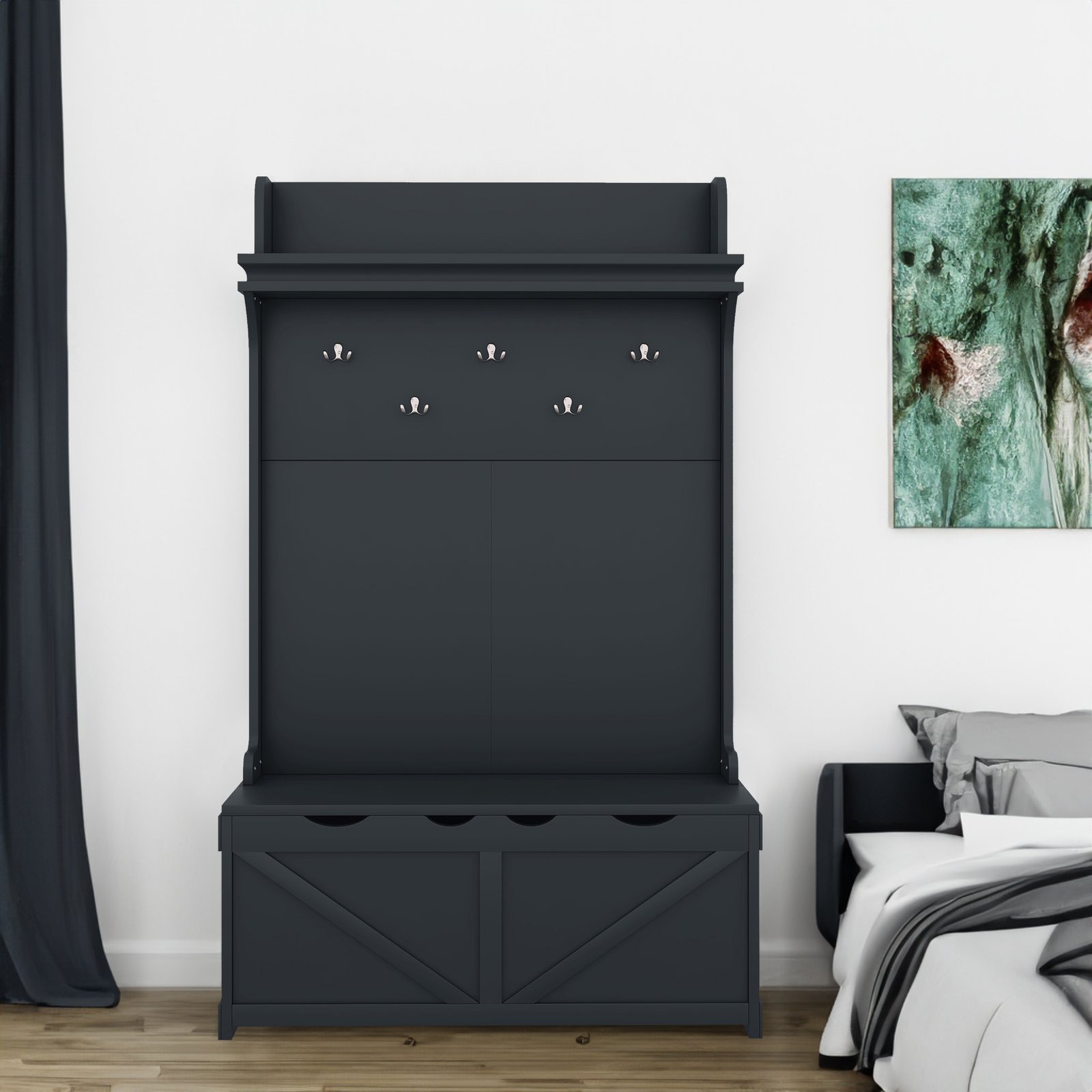 520392818 Hall tree with storage desk with drawers and 5 hooks, dark blue - Image 1