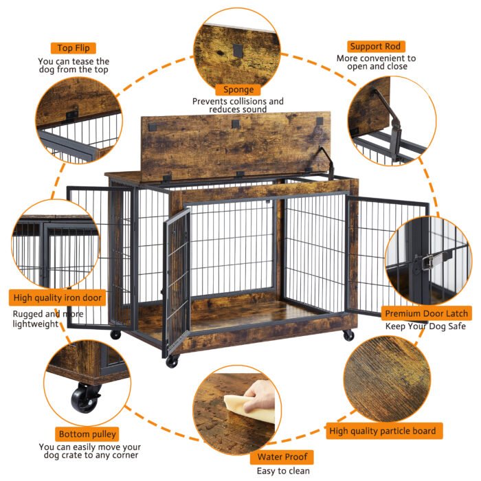 Furniture Dog Cage with Double Doors, Rustic Brown - Image 7