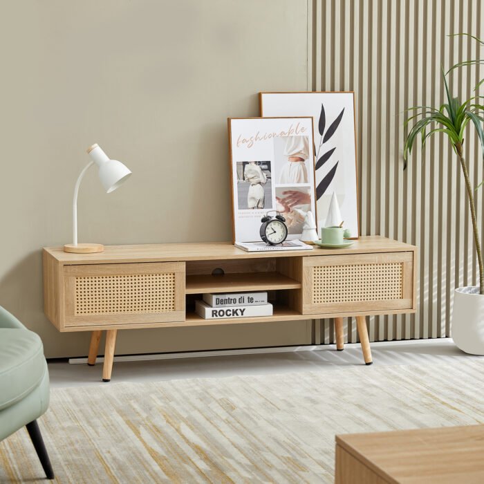 Rattan TV cabinet with double sliding doors and adjustable shelfs and solid wooden legs, Natural - Image 2