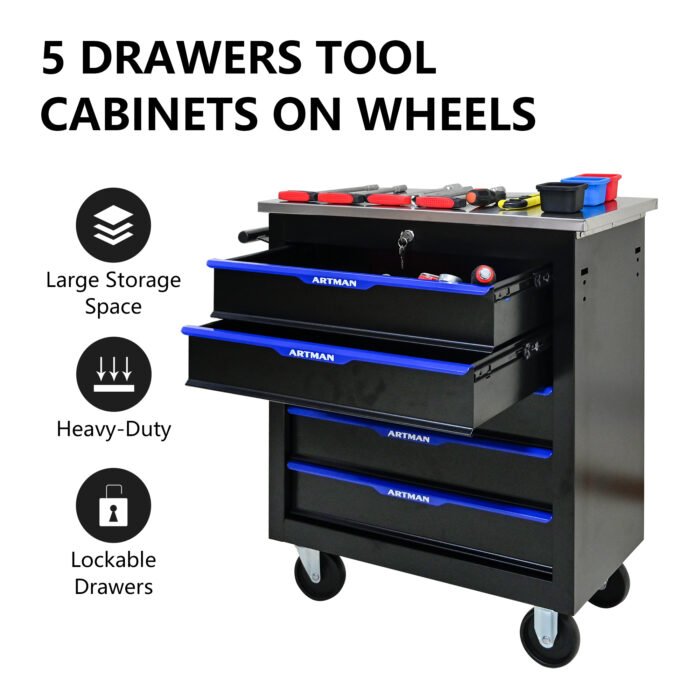 5 Drawers Multi Functional Tool Cart With Wheels, Black and Blue - Image 3