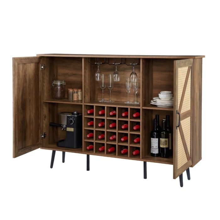 Faux Rattan Barn Door Wine Cabinet with Wine Glass Rack and Double Door Design - Image 10