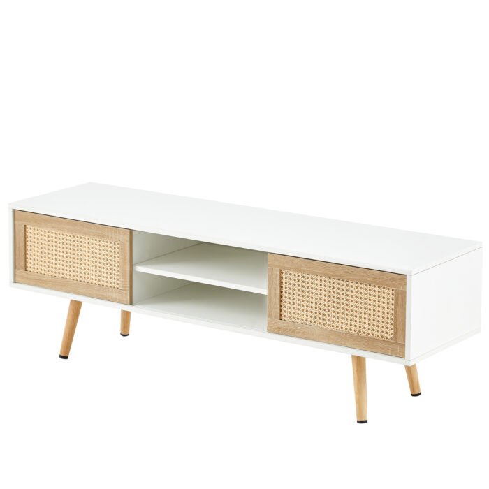 Rattan TV cabinet with double sliding doors and adjustable shelfs and solid wooden legs, White - Image 9