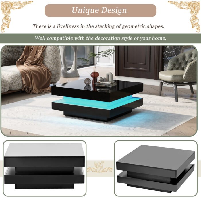 ON-TREND High Gloss Minimalist Design with LED Lights 2-Tier Square Coffee Table Black - Image 4