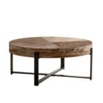 Retro Splicing Round Coffee Table Fir Wood Table Top with Cross Legs Metal Base - Image 7