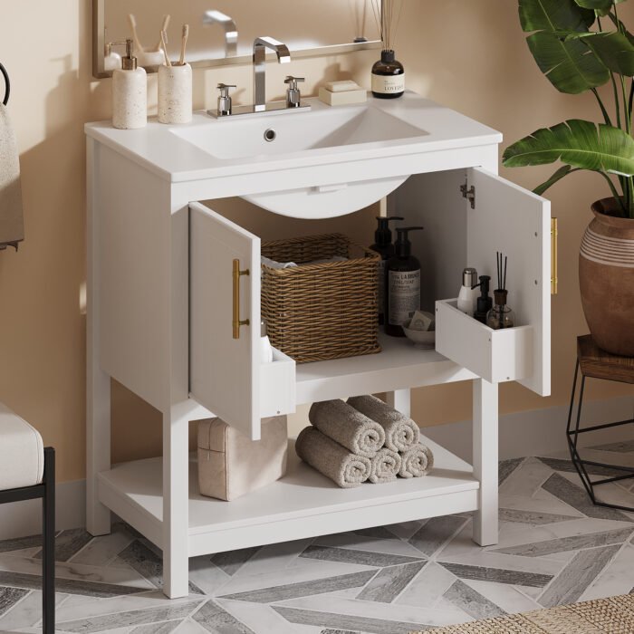 30-Inch White Bathroom Vanity with Ceramic Sink and Versatile Storage - Ideal for Small Bathrooms - Image 4