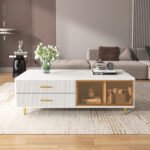 White Coffee Table with 2 Glass Door Storage and 4 Drawers and Gold Metal Legs - Image 3