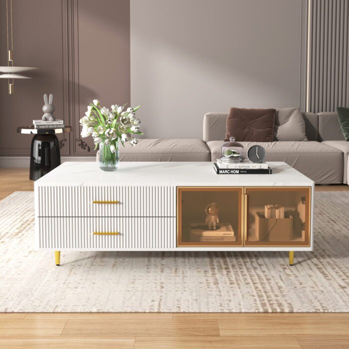 White Coffee Table with 2 Glass Door Storage and 4 Drawers and Gold Metal Legs - Image 3