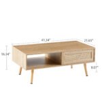 Rattan Coffee table sliding door with storage and solid wood legs - Image 7