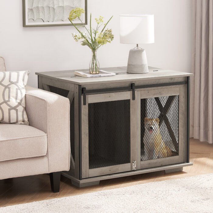 Dog Cage Crate Furniture with Sliding Barn Door Kennel with Flip-top Plate - Image 5