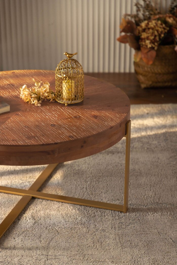 Modern Retro Splicing Round Coffee Table Fir Wood Table Top with Gold Cross Legs Base - Image 5