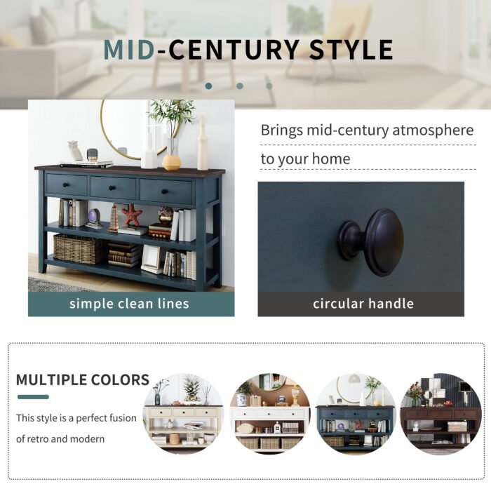 Retro Design Console Table with Two Open Shelves (Navy) - Image 4