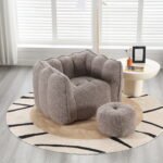 Soft Bean Bag Chair with High Resilient Foam with Footstool, Light Gray - Image 2