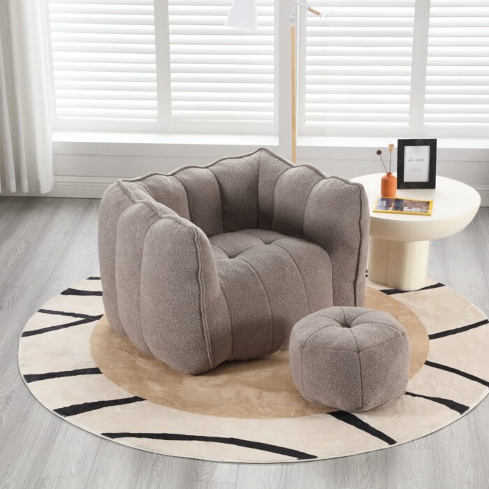 Soft Bean Bag Chair with High Resilient Foam with Footstool, Light Gray - Image 2