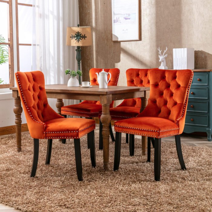 Tufted Solid Wood Contemporary Velvet Upholstered Dining Chairs (2-Pcs Set) Orange - Image 3