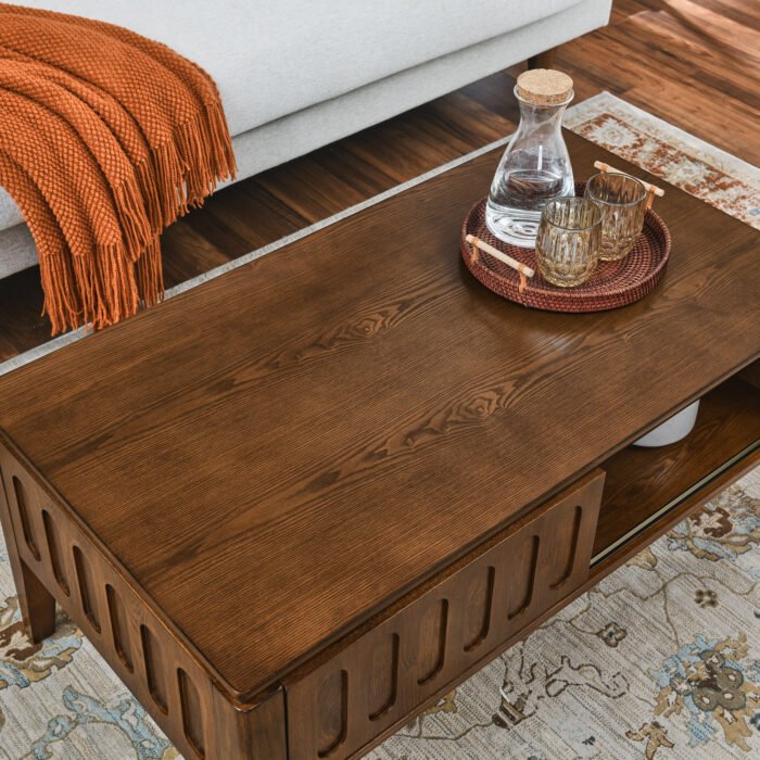 Medieval modern flute coffee table with storage sliding door and solid wood legs - Image 4