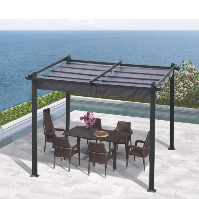 10x10 Ft Outdoor Patio Retractable Pergola With Canopy, Gray - Image 2