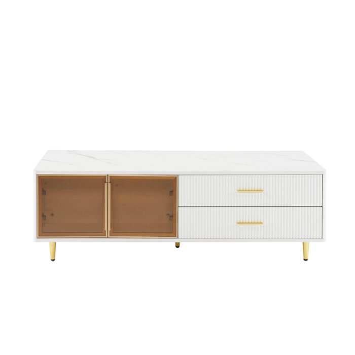 White Coffee Table with 2 Glass Door Storage and 4 Drawers and Gold Metal Legs - Image 9