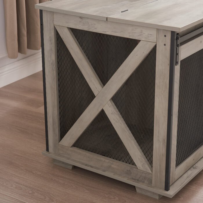 Dog Cage Crate Furniture with Sliding Barn Door Kennel with Flip-top Plate - Image 11