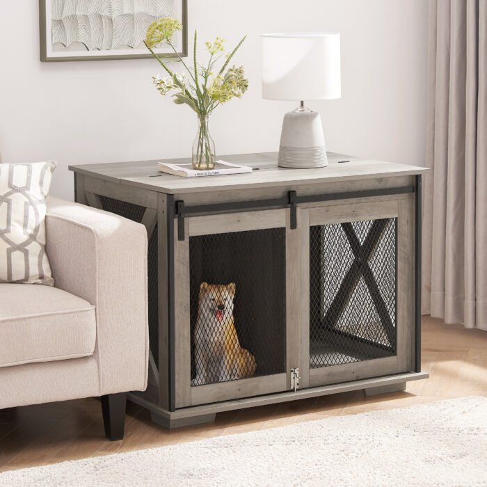 Dog Cage Crate Furniture with Sliding Barn Door Kennel with Flip-top Plate - Image 10