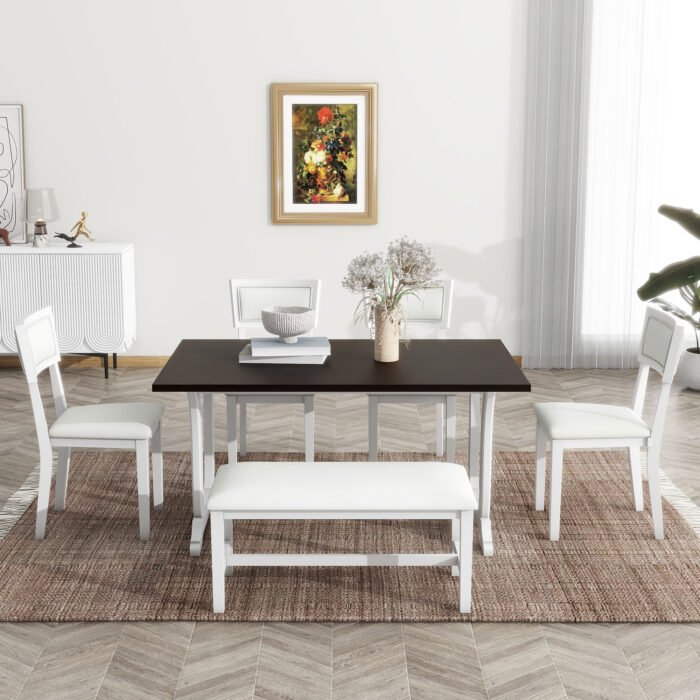TOPMAX Farmhouse 6-Piece Trestle Dining Table Set with Upholstered Dining Chairs and Bench - Image 4