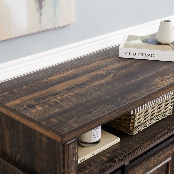 Mid Century Style TV Table with Storage Cabinet and Sliding Doors, Antique Brown - Image 9