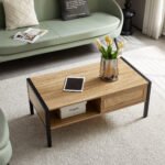 Rattan Coffee table, sliding door for storage, metal legs, Modern table for living room , natural - Image 3