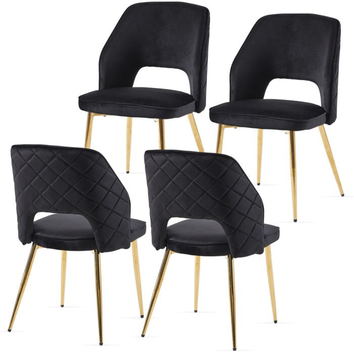Black Velvet Dining Chairs Set with Metal Legs and Hollow Back Upholstered (Set of 4) - Image 5