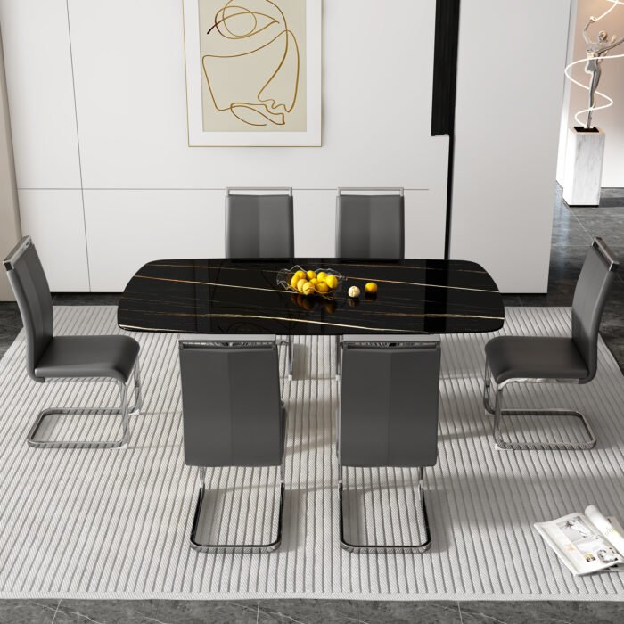 Large modern minimalist rectangular dining table with marble mitation and silver metal legs - Image 14
