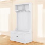 Entryway and Hallway 4 in1 Coat Rack with Shoe Storage Bench and 4 Hooks, White