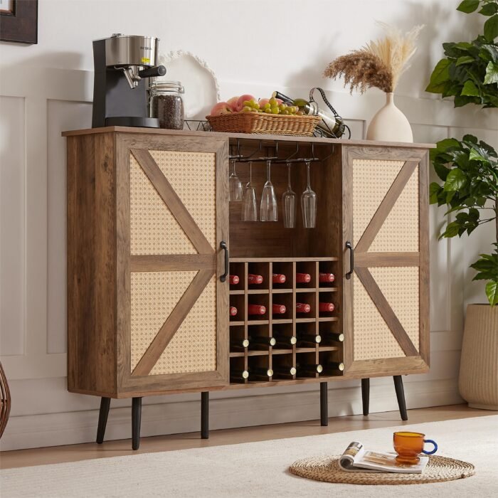 Faux Rattan Barn Door Wine Cabinet with Wine Glass Rack and Double Door Design - Image 6