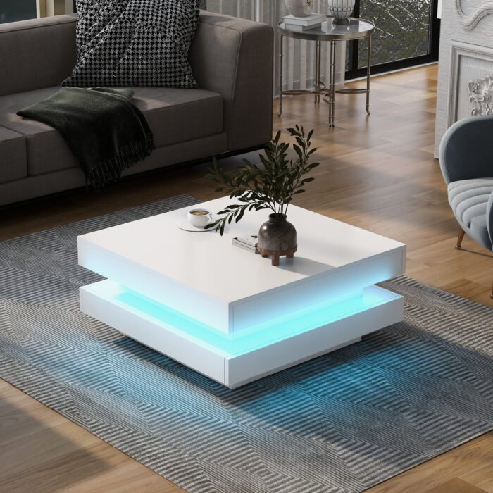 ON-TREND High Gloss Minimalist Design with LED Lights 2-Tier Square Coffee Table White - Image 3
