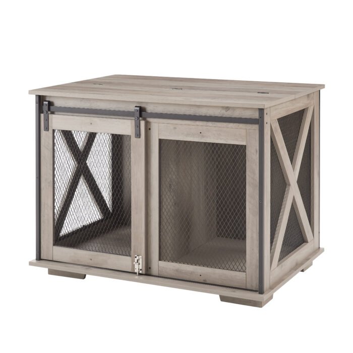 Dog Cage Crate Furniture with Sliding Barn Door Kennel with Flip-top Plate - Image 7