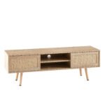 Rattan TV cabinet with double sliding doors and adjustable shelfs and solid wooden legs, Natural - Image 8