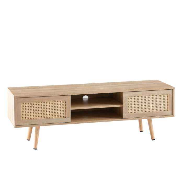 Rattan TV cabinet with double sliding doors and adjustable shelfs and solid wooden legs, Natural - Image 8