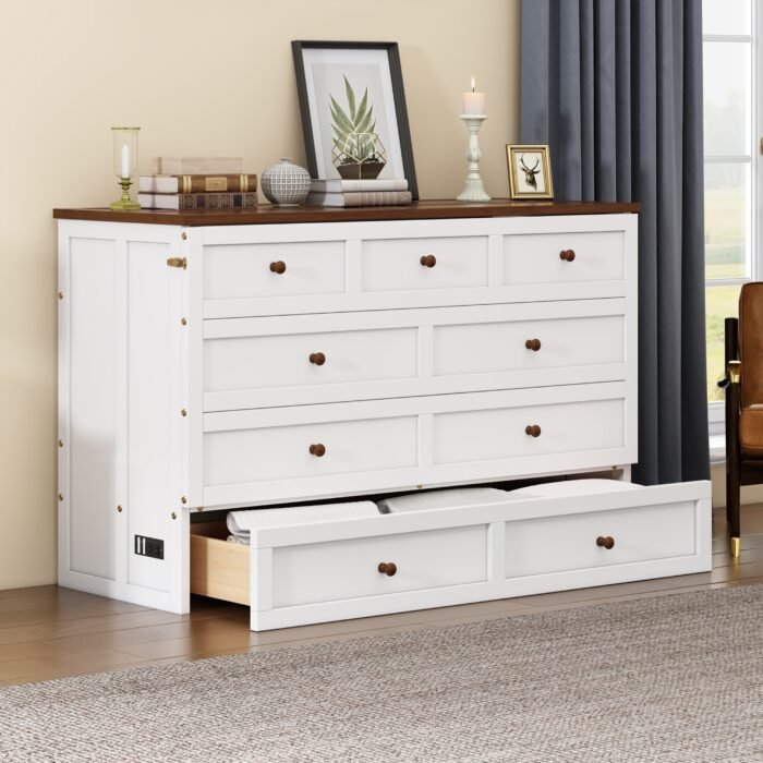 Solid Pine Queen Size Murphy Bed Chest with Charging Station and Large Storage Drawer - Image 4