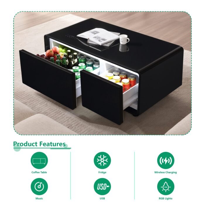 Modern Smart Coffee Table with Built-in Fridge with Bluetooth Speaker and Wireless Charging - Image 6