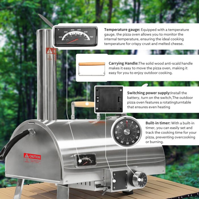 Stainless Steel Wood Fired Outdoor Pizza Oven 12" Automatic Rotatable - Image 3