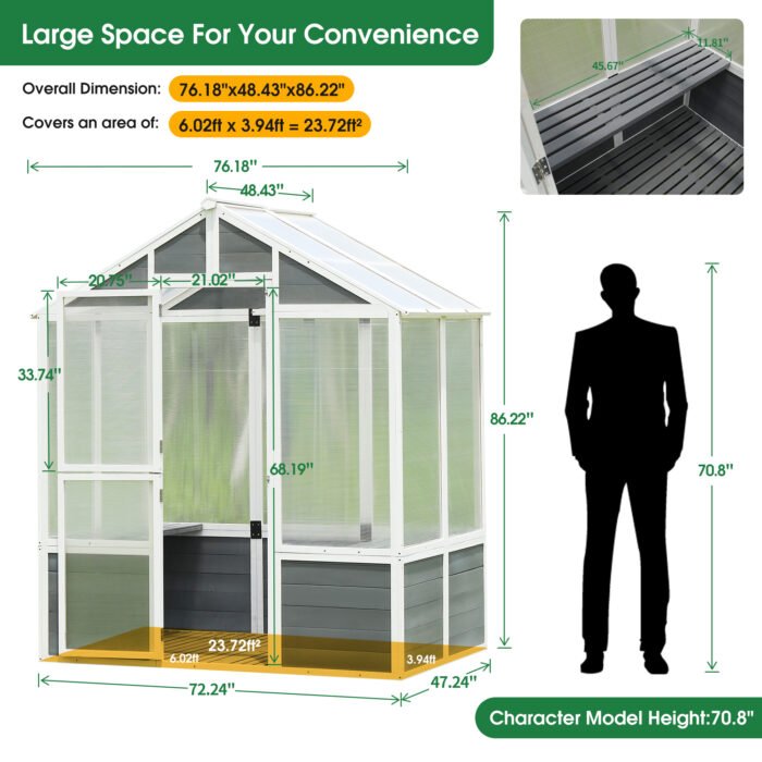 Walk in Polycarbonate Greenhouse for Patio Backyard (76x48x86)) - Image 4