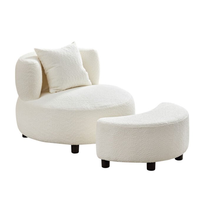 Modern Single Teddy Fabric Sofa Chair with Ottoman Foot Rest, Beige - Image 6