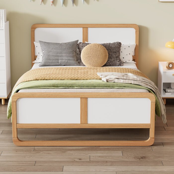 Modern Style Queen Size Solid Wood Platform Bed, Walnut and White - Image 3