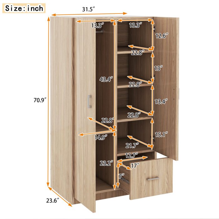 Wooden Wardrobe with Double Doors and Hanging Rod and 5 Fixed Shelves - Image 6