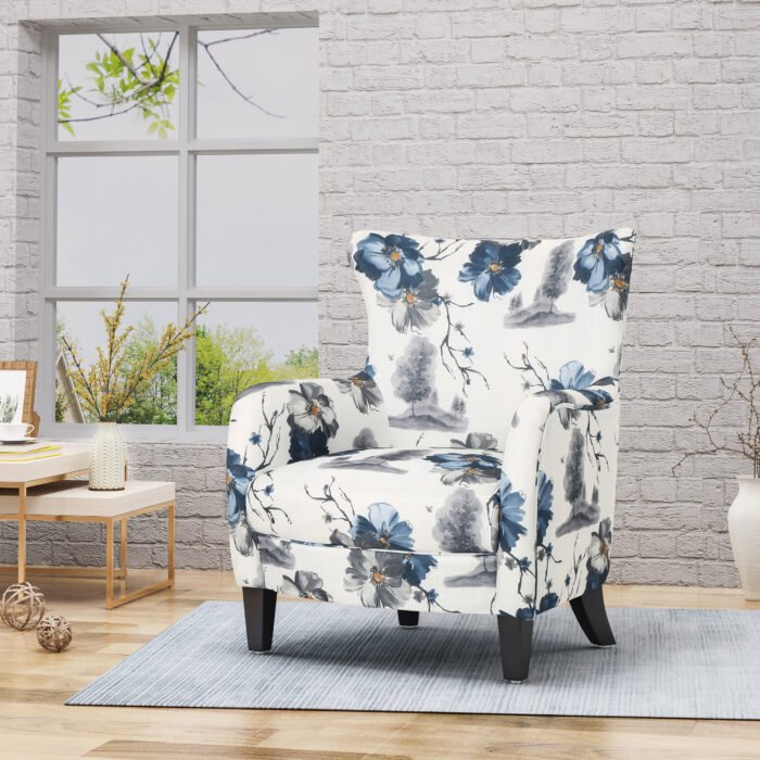 Modern retro printed fabric cushioned club armchair with white and blue patterned - Image 2