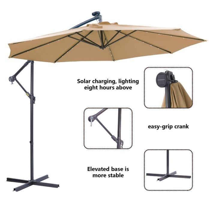 10FT Patio Outdoor Hanging Cantilever Umbrella with Easy Open Adustment and 32 LED Lights, Beige - Image 2