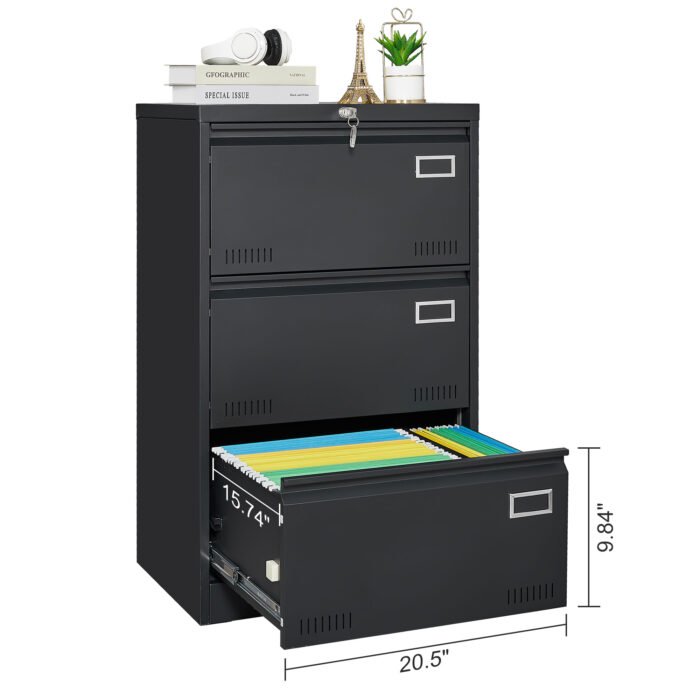 Filing Cabinet with 3 Drawer and Locking, Black - Image 8