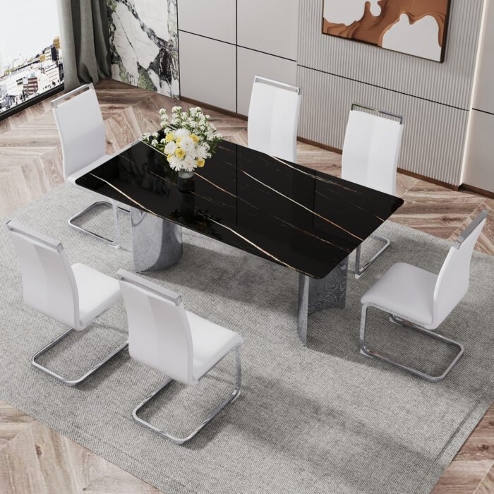 Modern minimalist dining table marble glass imitation with silver metal legs - Image 3
