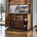 Faux Rattan Barn Door Wine Cabinet with Wine Glass Rack and Double Door Design