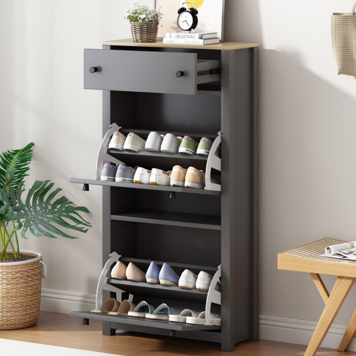 Entryway functional Organizer with 2 flipped drawers and adjustable panel shoe rack - Image 6