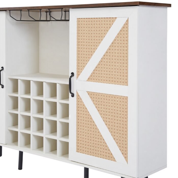 Faux Rattan Barn Door Wine Cabinet with Wine Glass Rack and Double Door, White - Image 4